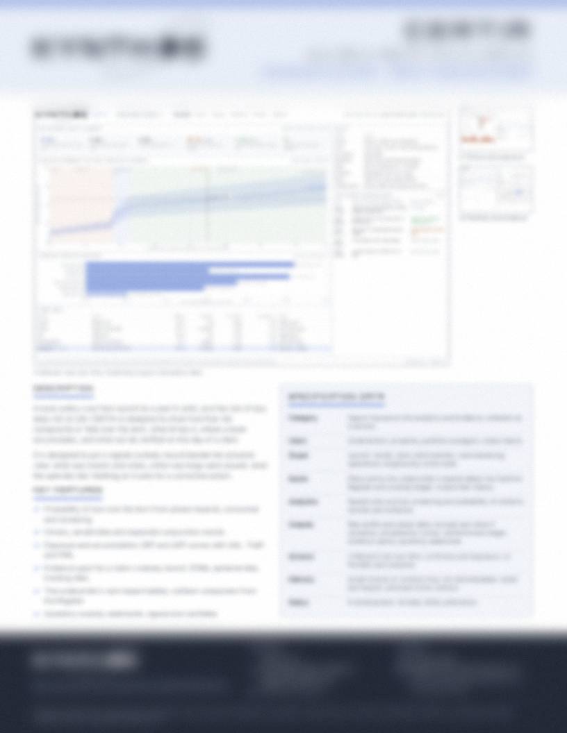 Frosted preview of the CERTIA data sheet: a dashboard screen, a description and a specification table, locked until requested.